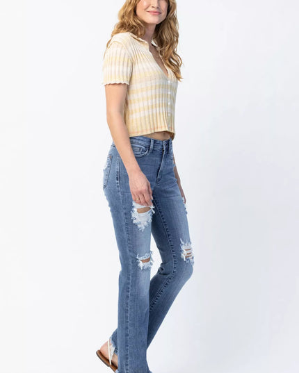 Judy Blue Full Size Mid Rise Destroy Straight Jeans Plus Size - Sleekdenim.com