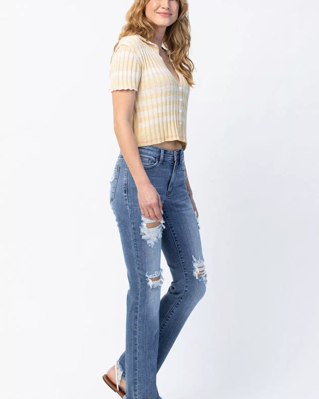Judy Blue Full Size Mid Rise Destroy Straight Jeans Plus Size - Sleekdenim.com