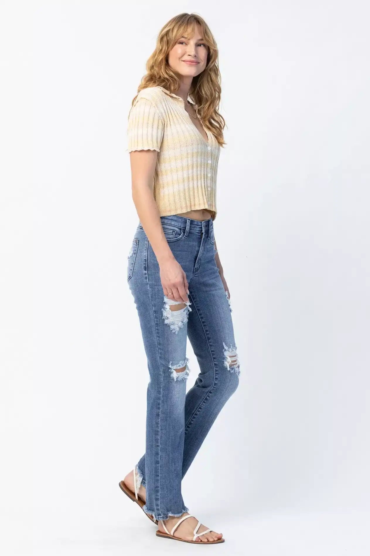 Judy Blue Mid Rise Destroy Straight Jeans 82425 - Sleekdenim.com