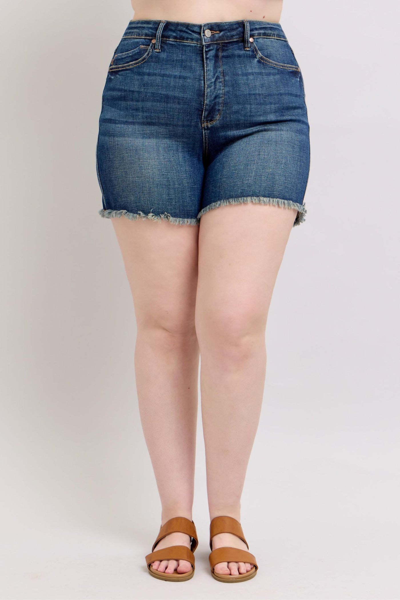 Judy Blue Tummy Control Fray Hem & Shield Back Pockets Denim Shorts | Sleekdenim.com