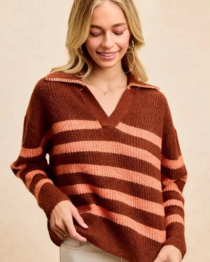 BiBi Striped Sweater Top with Collar Stitched Details - Sleekdenim.com