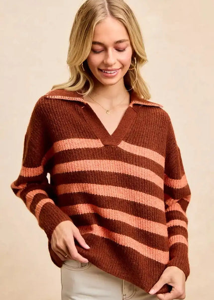 BiBi Striped Sweater Top with Collar Stitched Details - Sleekdenim.com