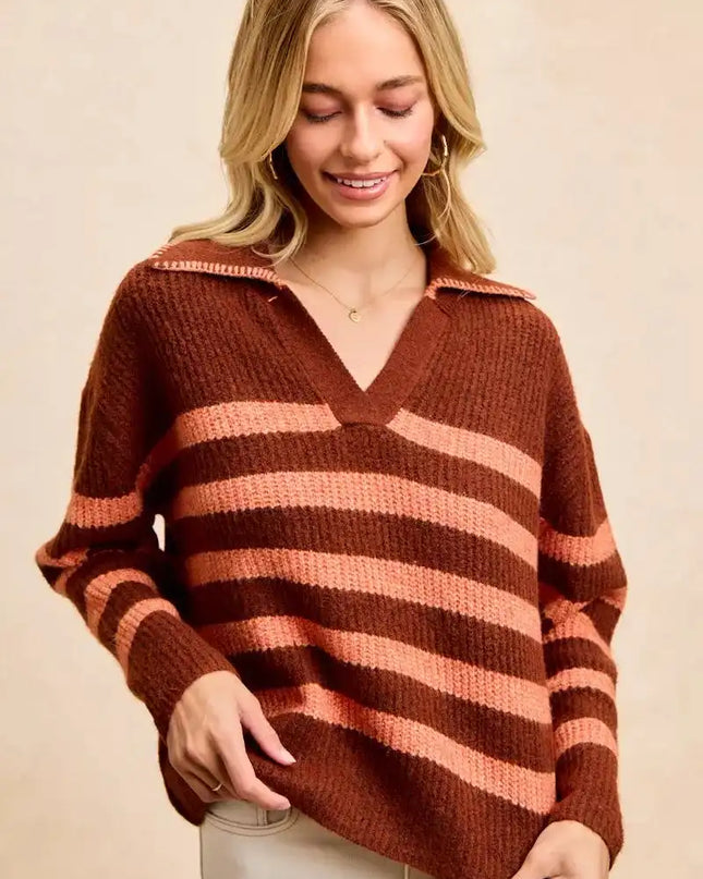 BiBi Striped Sweater Top with Collar Stitched Details - Sleekdenim.com