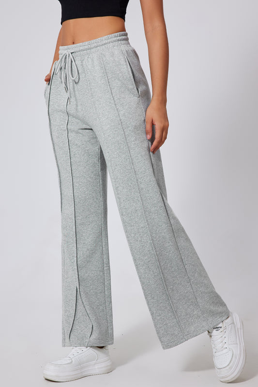 Gray Seamed Drawstring High Waist Wide Leg Sweatpants - Sleekdenim.com