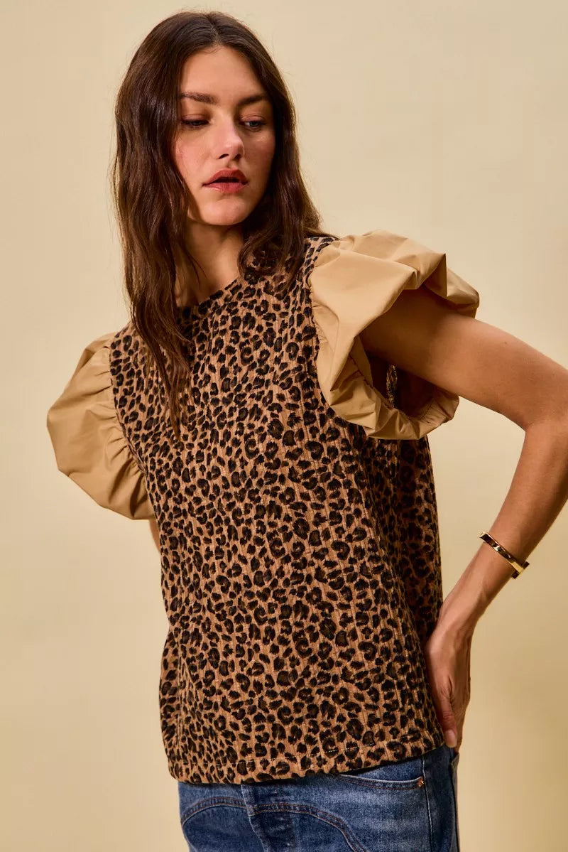 SO ME Leopard Pointelle Knit Top with Puff Sleeves - 2