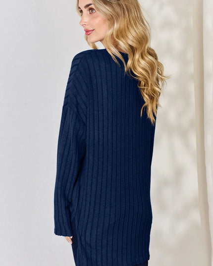 Basic Bae Full Size Ribbed Half Button Long Sleeve High-Low T-Shirt - Sleekdenim.com