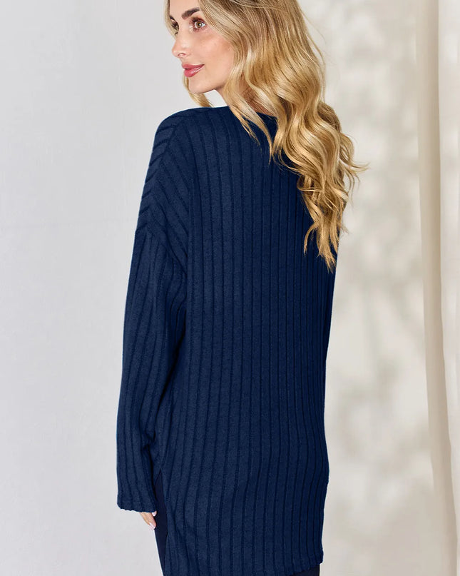 Basic Bae Full Size Ribbed Half Button Long Sleeve High-Low T-Shirt - Sleekdenim.com