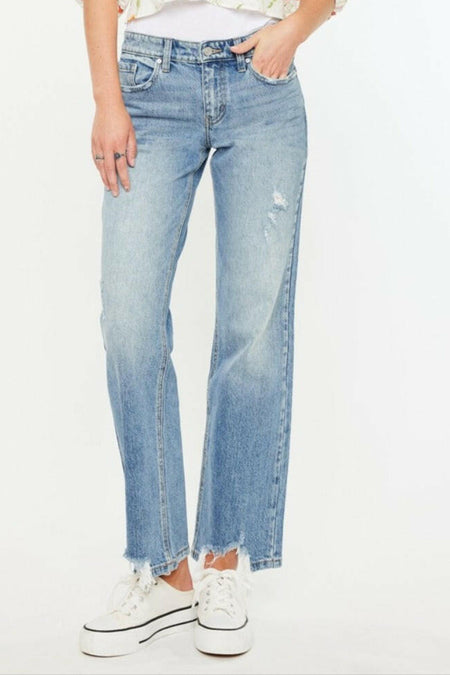 Kancan Mid Rise Frayed Hem Straight Jeans | Sleekdenim.com