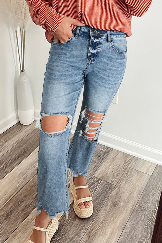 Myosotis Raw Hem Ripped Open Knee Vintage Jeans - Sleekdenim.com