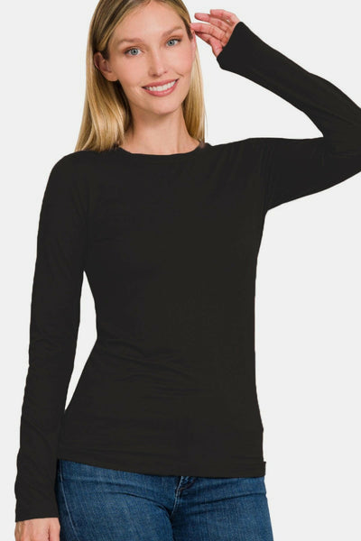 Zenana Full Size Brushed Microfiber Long Sleeve Round Neck T-Shirt Black