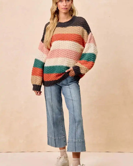 BiBi Stripes Color Block Chunky Sweater - Sleekdenim.com