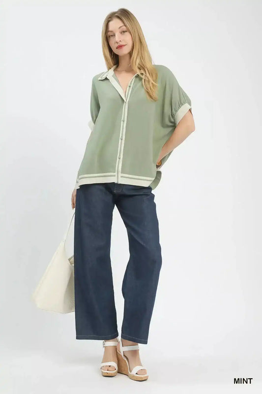 Umgee Linen Button Front Top with Contrast Piping - Sleekdenim.com