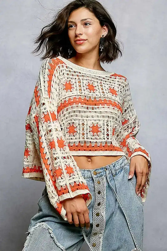 POL Boat Neck Long Sleeve Crochet Top with Granny Square Weaving - Sleekdenim.com