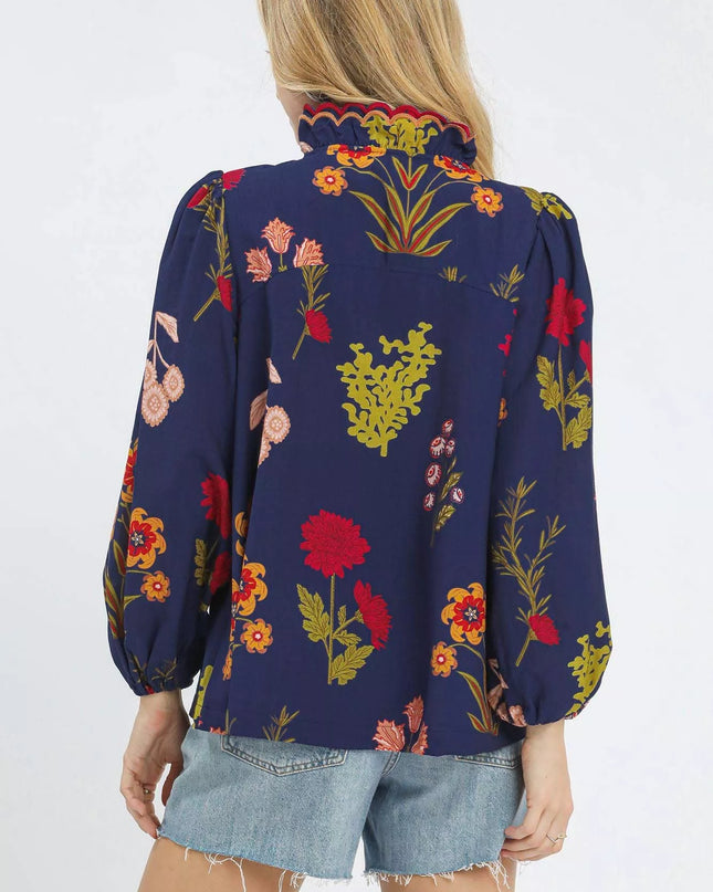 Umgee Flower Print Blouse with Scalloped Neckline - Sleekdenim.com