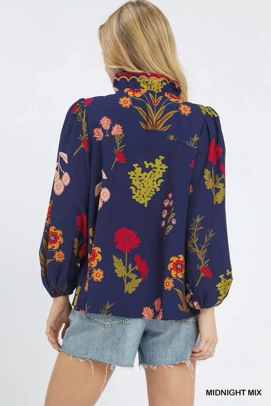 Umgee Flower Print Blouse with Scalloped Neckline - Sleekdenim.com