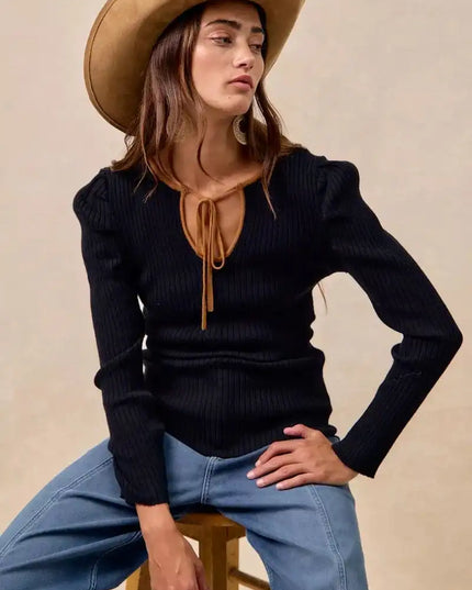 BiBi Ribbed Contrast Front Tied Top with Shrried - Sleekdenim.com