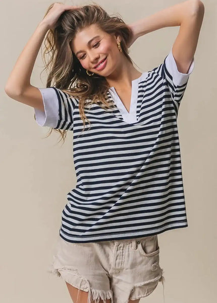 BiBi Contrast Striped Notched Knit Top - Sleekdenim.com