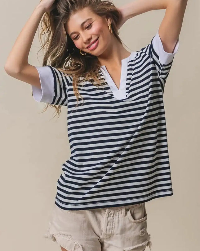 BiBi Contrast Striped Notched Knit Top - Sleekdenim.com