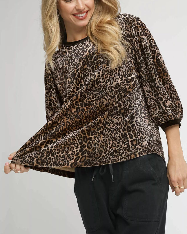 Umgee Leopard Round Neck Three-Quarter Sleeve Blouse - Sleekdenim.com