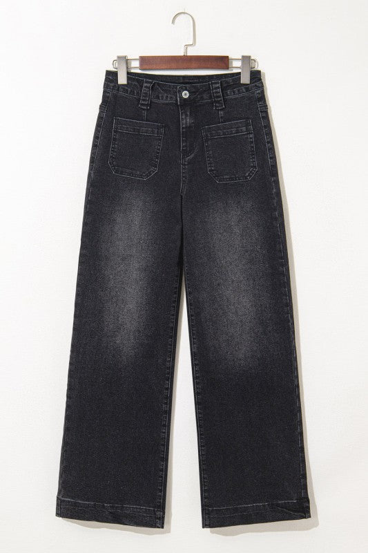 Denim Patch Pocket Wide Leg Jeans - Sleekdenim.com