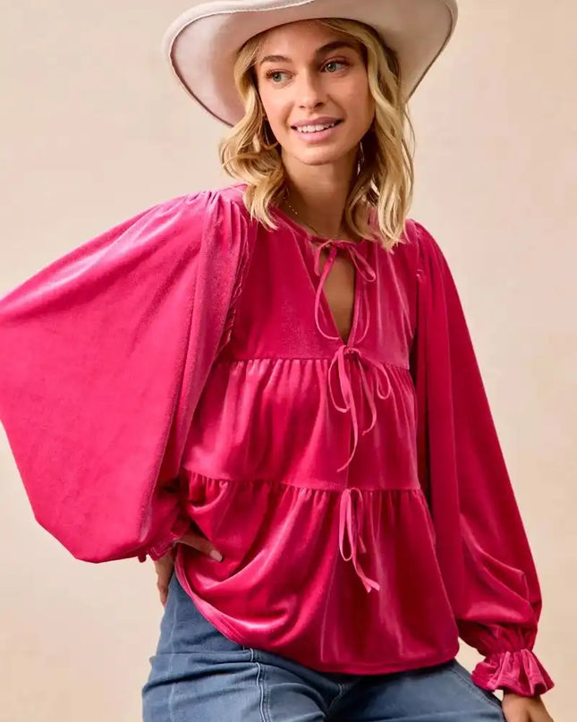 BiBi Christmas Theme Velvet Bow Tied Blouse - Sleekdenim.com