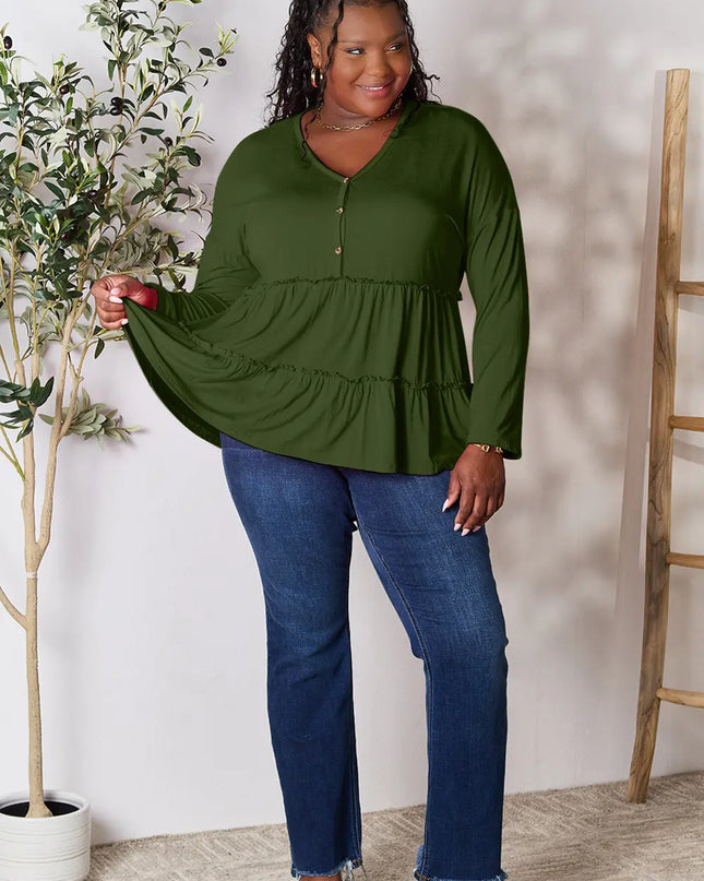 Double Take Half Button Long Sleeve Ruffle Hem Blouse - Sleekdenim.com