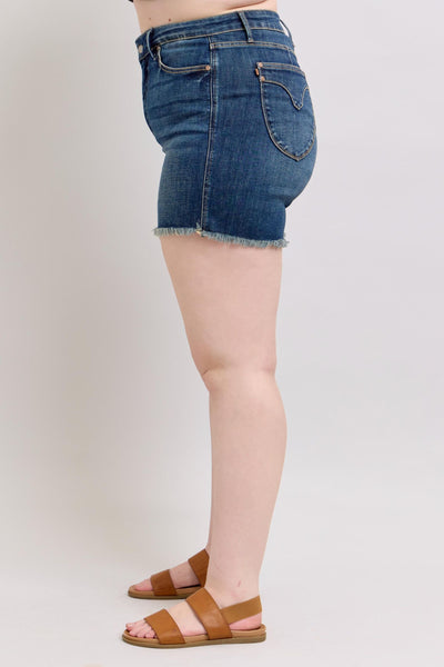 Judy Blue Tummy Control Fray Hem & Shield Back Pockets Denim Shorts | Sleekdenim.com