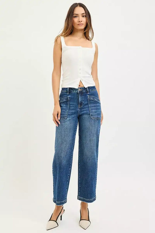 RISEN Slouchy Cropped Baggy Jeans with Front Patch Pockets PWC21491