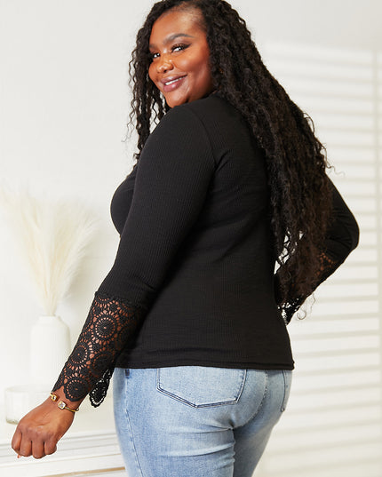 Double Take Crochet Lace Hem Sleeve Button Top - Sleekdenim.com