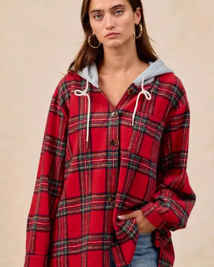BiBi Brushed Plaid Hooded Jacket - Sleekdenim.com