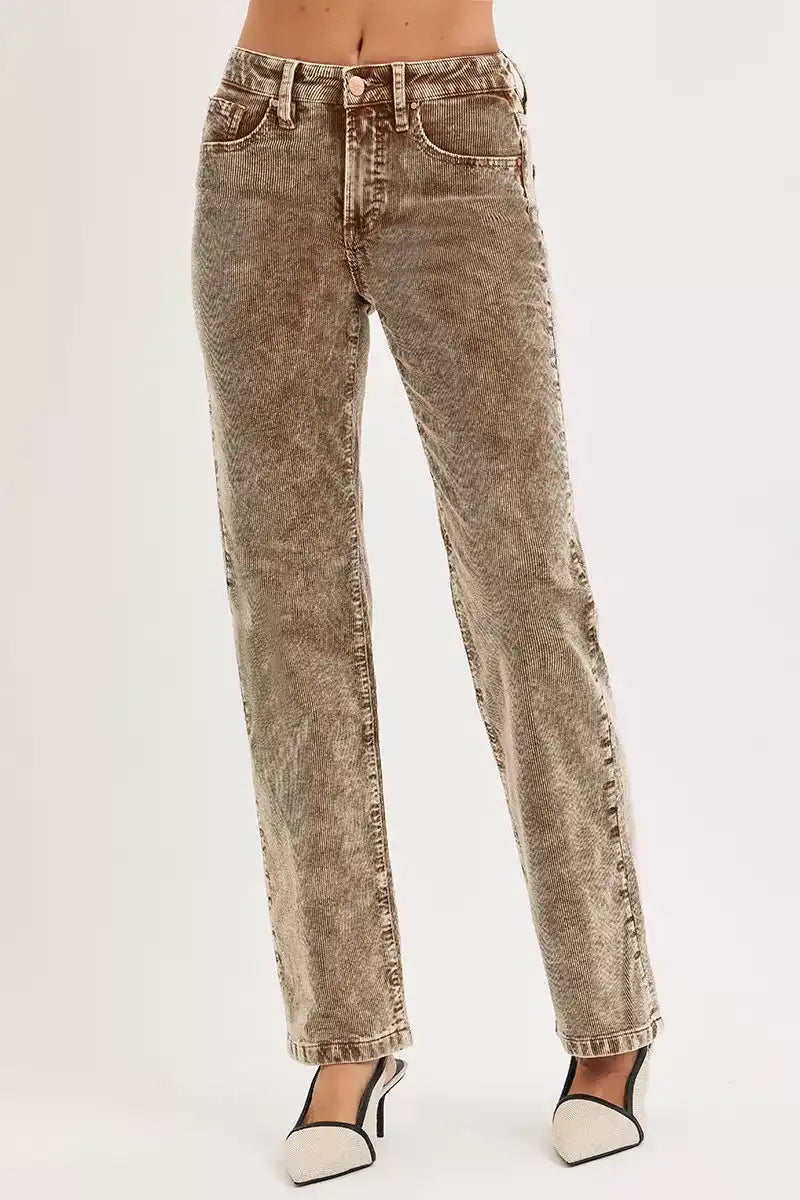 RISEN Tummy Control Mid Rise Straight Leg Corduroy Pants - Sleekdenim.com