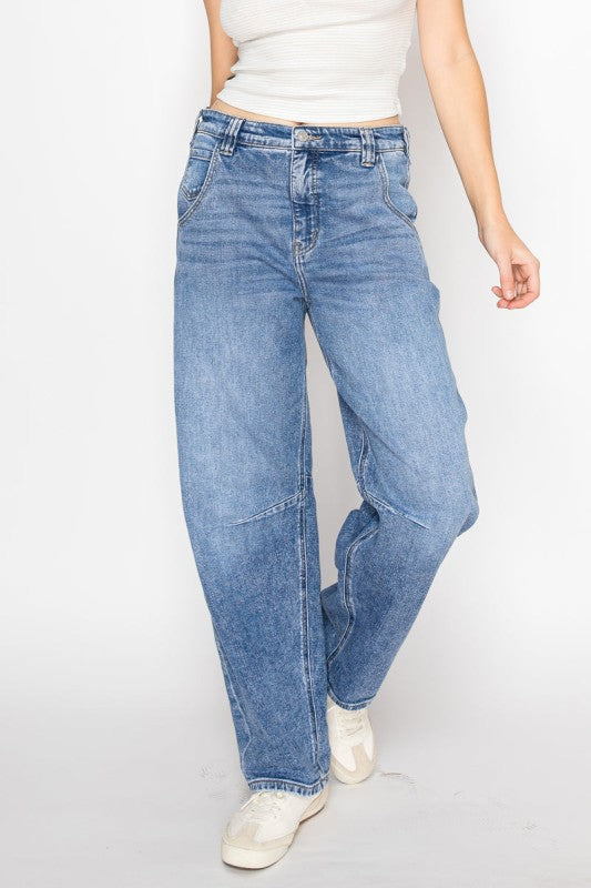 AT2083BRM Adjustable Strap Waistband Barrel Jeans - Sleekdenim.com