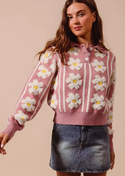 SO ME Floral Stripe Polo Collar Sweater - Sleekdenim.com