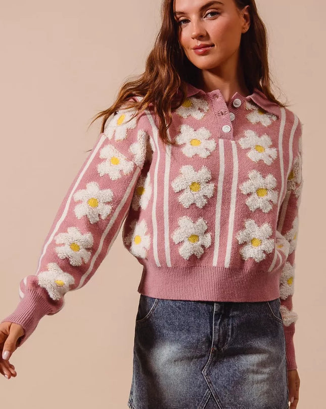 SO ME Floral Stripe Polo Collar Sweater - Sleekdenim.com