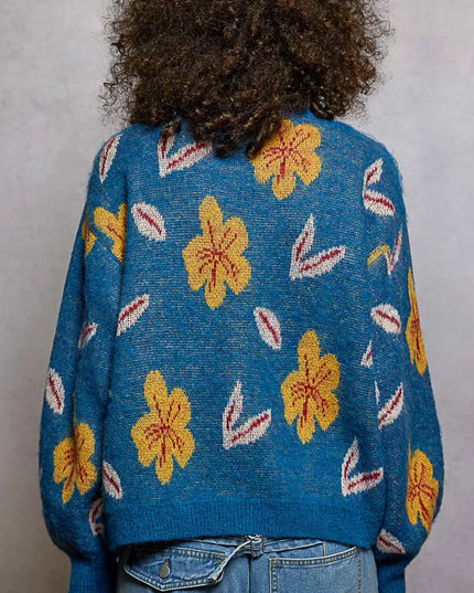 POL Floral Pattern Round Neck Balloon Sleeve Sweater - Sleekdenim.com