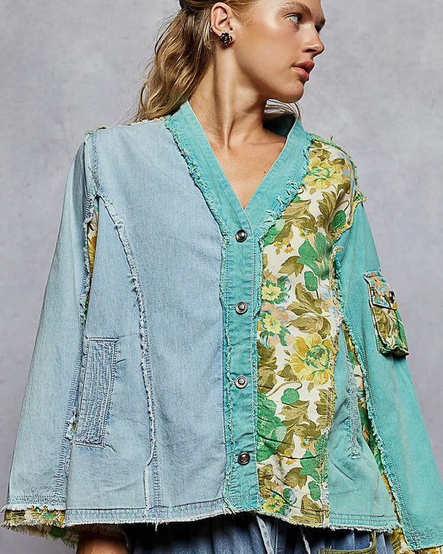 POL Button Down Floral V-Neck Long Sleeve Raw Hem Top - Sleekdenim.com