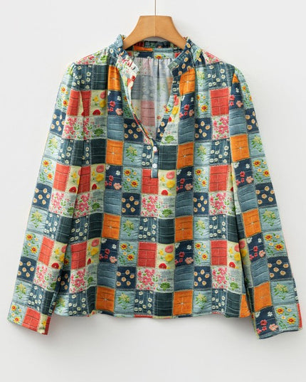 Floral Half Placket Collared V-Neck Blouse - Sleekdenim.com