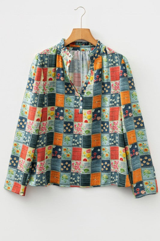 Floral Half Placket Collared V-Neck Blouse - Sleekdenim.com