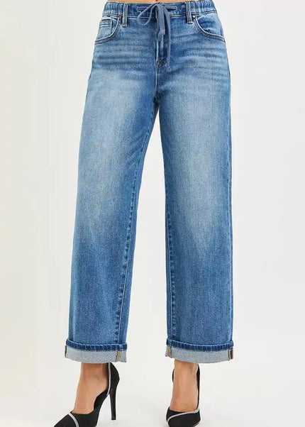 RISEN Elastic Band Slouch Ankle Boyfriend Cuffed Hem Jeans - Sleekdenim.com