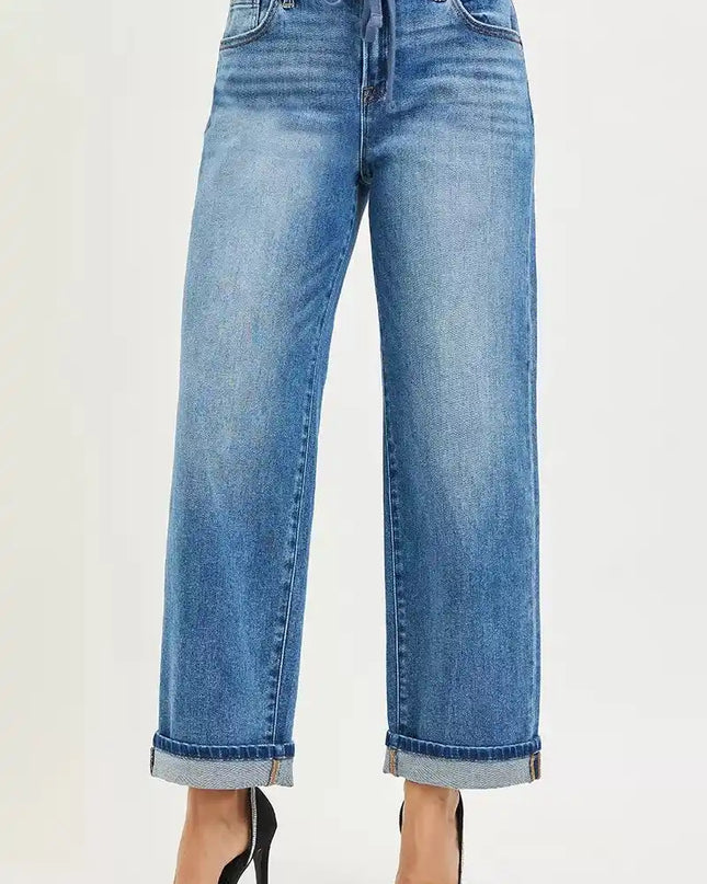 RISEN Elastic Band Slouch Ankle Boyfriend Cuffed Hem Jeans - Sleekdenim.com