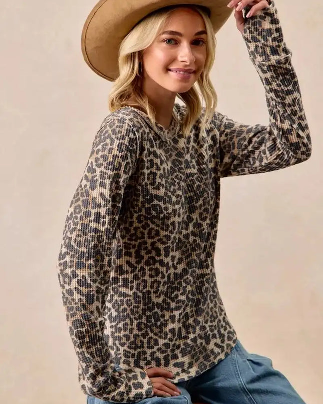 BiBi Leopard Print Washed Waffle Thermal Top with Thumb - Sleekdenim.com