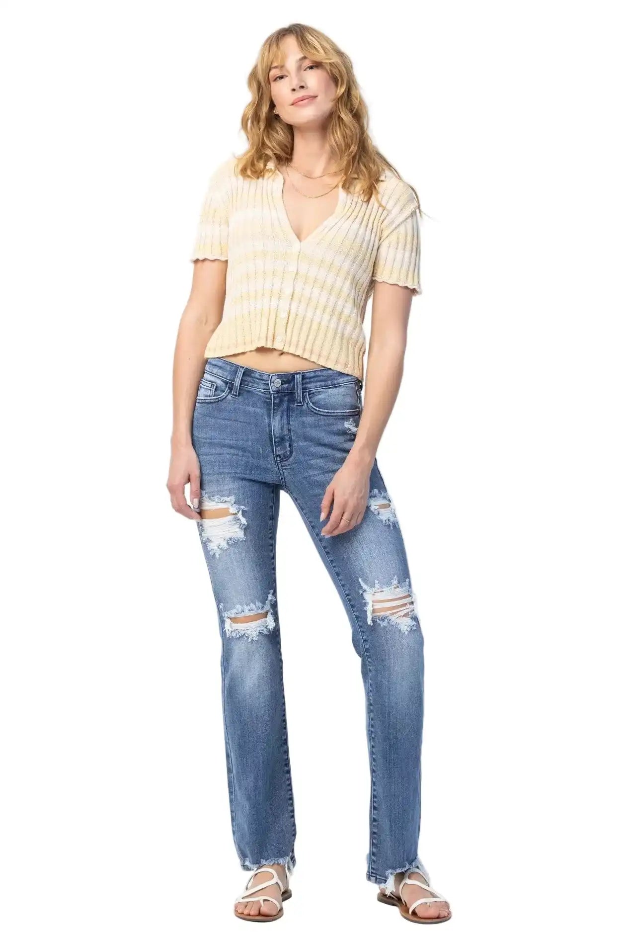 Judy Blue Mid Rise Destroy Straight Jeans 82425 - Sleekdenim.com