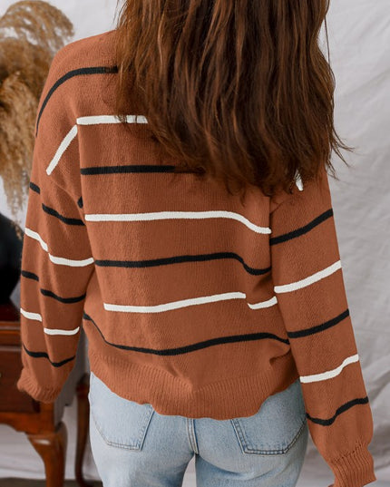 Stripe Ribbed Trim Drop Shoulder Sweater - Sleekdenim.com