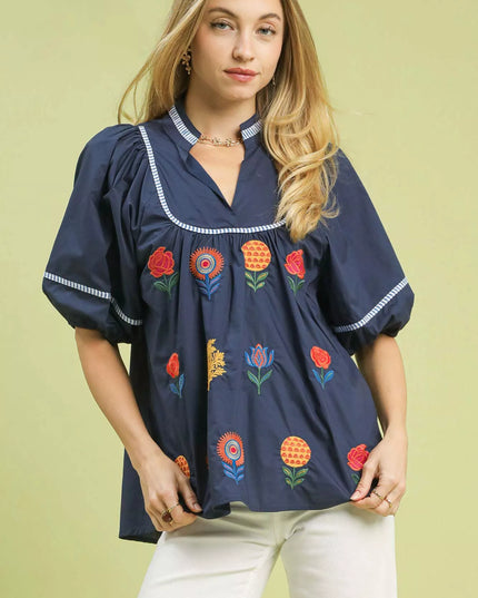Umgee Embroidered Floral Puff Sleeve Top - Sleekdenim.com