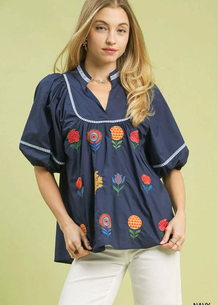 Umgee Embroidered Floral Puff Sleeve Top - Sleekdenim.com