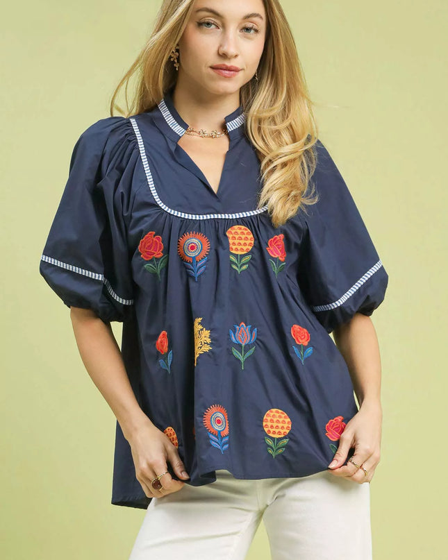 Umgee Embroidered Floral Puff Sleeve Top - Sleekdenim.com