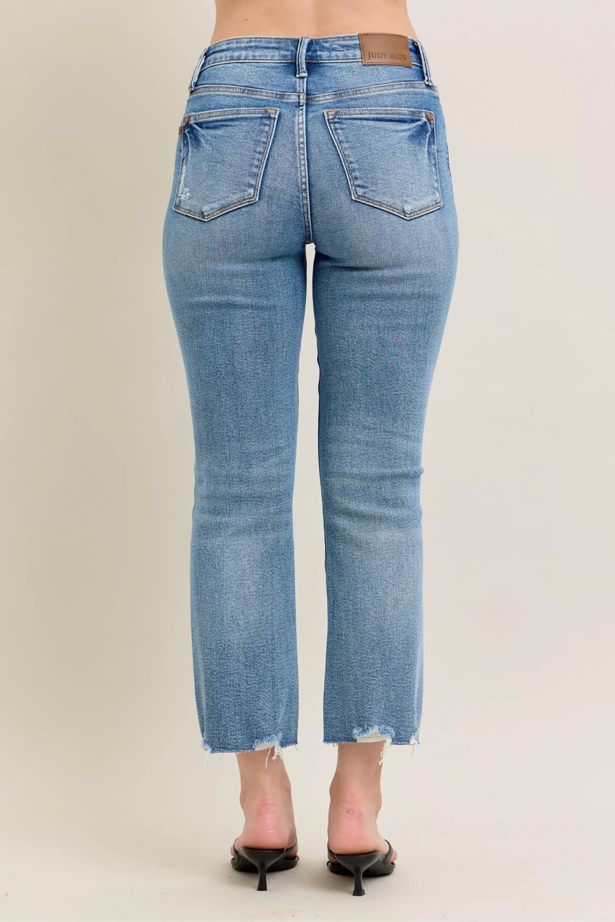 Judy Blue Mid Rise Vintage Wash Destroy Hem Kick Flare Jeans 88979