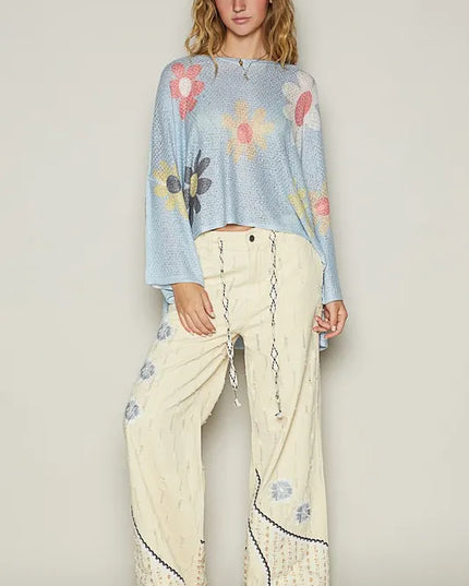 POL Flower Dropped Shoulder Long Sleeve Knit Top - Sleekdenim.com