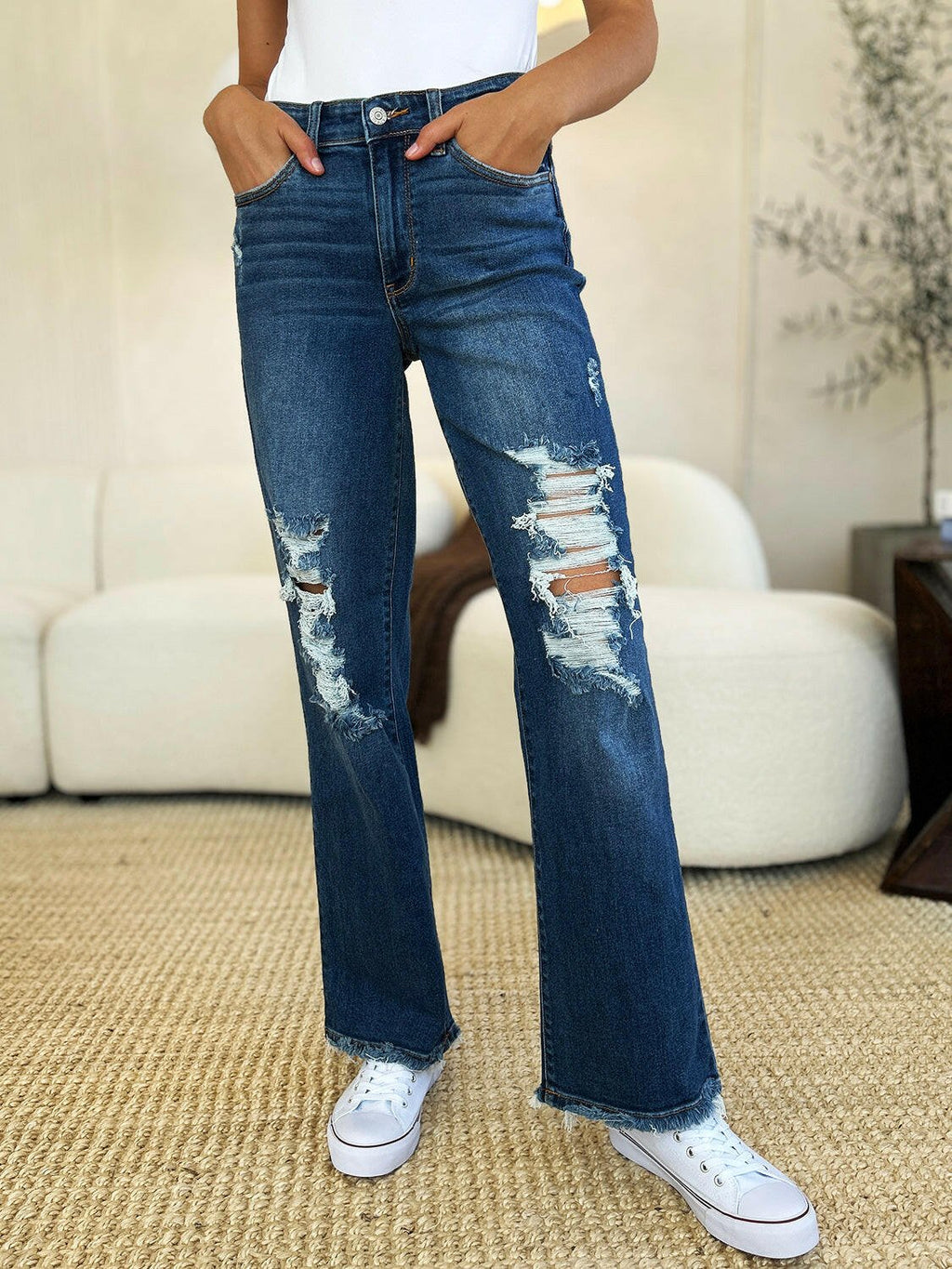 Judy Blue Full Size Mid Rise Distressed Raw Hem Dad Jeans | Sleekdenim.com