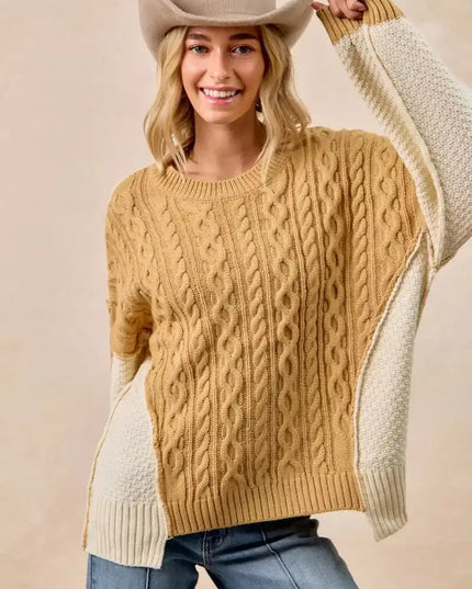 BiBi Cable Knit With Hacci Combo Sweater With Uneven Hem Detail - Sleekdenim.com